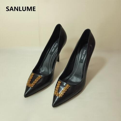 SANLUME Women Sexy Genuine leather High heels Basic Model Pumps Lady Pointed Toe Crystal Wedding shoes inside sheepskin