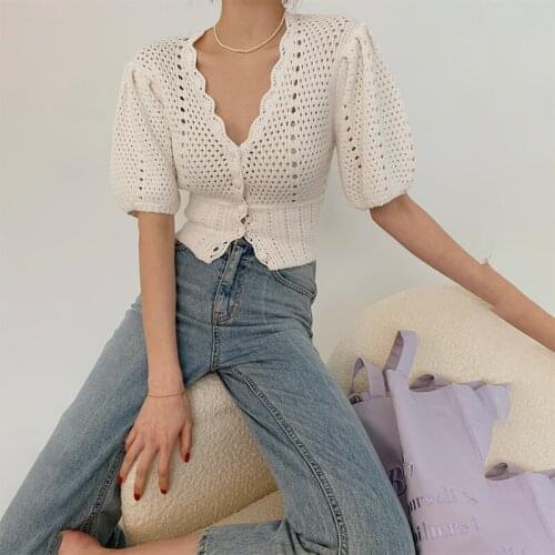 Women Summer Real Shots Gentle V-neck Solid Color One-Size Cardigan Waist Short Puff Sleeve Hollow Knitted Sweater Female