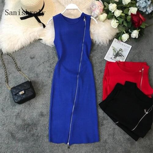 Sanishroly Summer Autumn Women Long Sweater Dresses Slim Zipper Knitted Dress Female Sleeveless Bodycon Tank Dress Vestidos S617