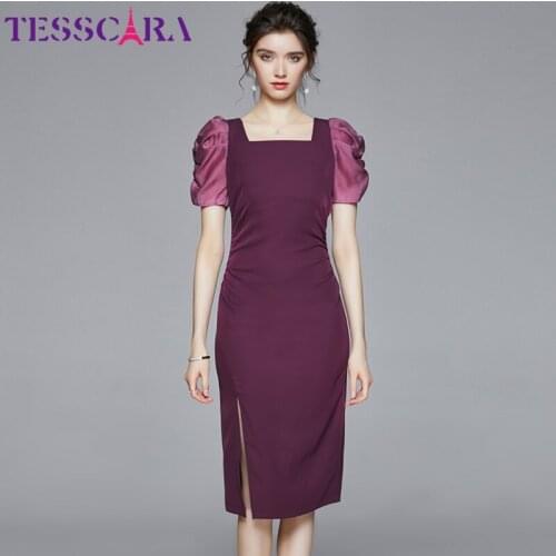 TESSCARA Women Elegant Pencil Dress Festa High Quality Wedding Cocktail Party Robe Femme Puff Sleeve Designer Purple Vestidos