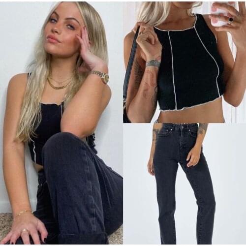 2021 summer new fashion all-match elasticity was thinning, short high-waist vest, sleeveless top, womens trend