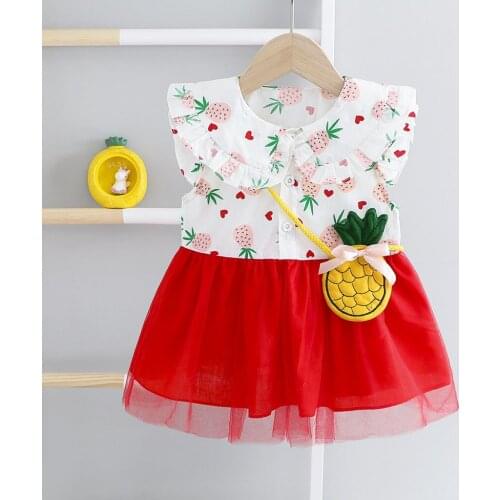 40# Toddler Kids Dress Baby Girls Short-sleeved Doll Collar Pineapple Print Net Yarn Stitching Dress Princess Dresses Vestidos