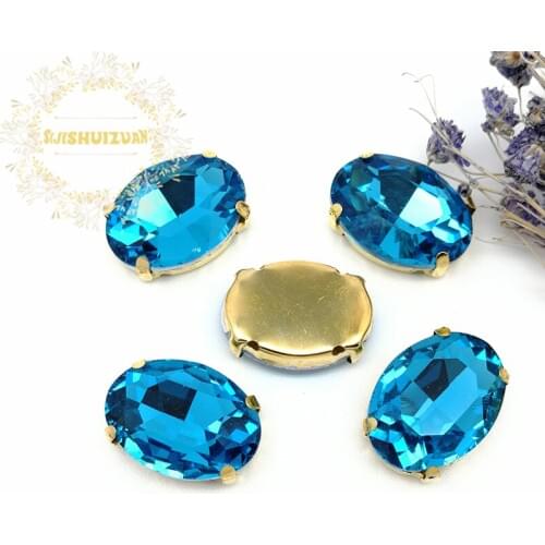 Free shipping!Turquoise Blue Crystal Glass Sew-on OVAL Rhinestones with gold Claw DIY wedding Dresses and Clothes