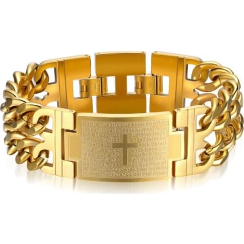 Large Heavy 24mm 8.26 Inch Mens Scripture Bible Lords Prayer Cross ID Bracelet Stainless Steel Link Chain Bangle 85g Weight