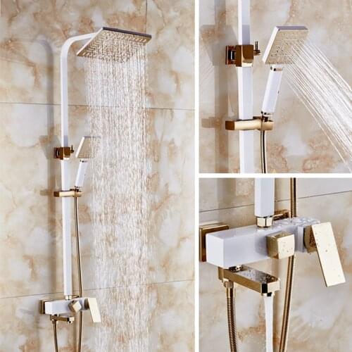 Dofaso square head big rainfall shower set and square tube shower ivory white and rose golden colour high-end villa shower taps