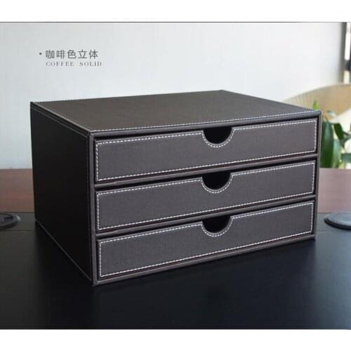 Horizontal 3-layer 3-drawer wood struction leather desk filing cabinet storage box office organizer document container 217B