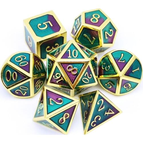 Haxtec Metal Dice Set for D&D Silver Gold Green Blue Teal Polyhedral DND Dice TTRPG