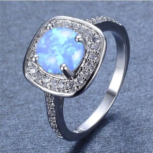 Dainty Female White Round Opal Ring Vintage Square Crystal Wedding Rings For Women Trendy Bridal Thin Engagement Ring