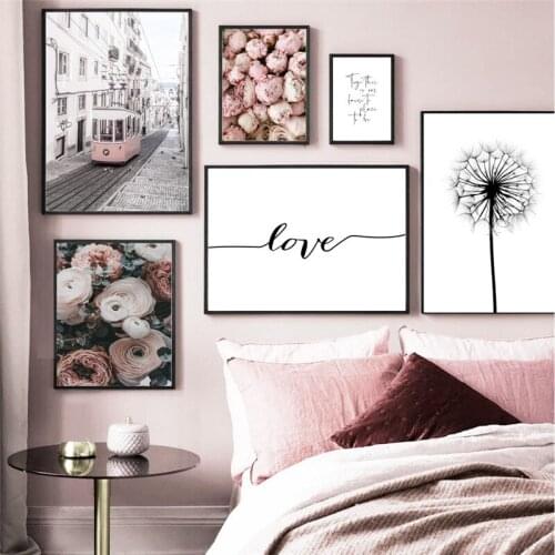 Plant Pink Flower Painting Home Decor Nordic Canvas Painting Landscape Poster Quote Print Wall Art Picture for Dormitory Design