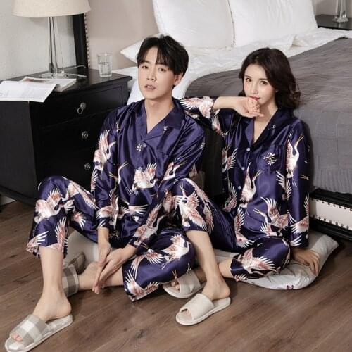 Summer Lovers Rayon Home Clothes Couple Silk Pajamas Pyjama Set For Women Men Chinese crane Print Long-sleeve Sleepwear