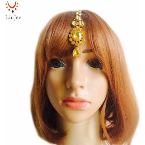 LiuJee Golden Kundan Maang Tikka. Large Head Forehead Jewelry. Indian Wedding Kundan Jewelry. Bridal Jewelry. Matha Patti KD147