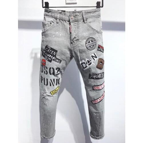 Fashion Trend Dsquared2 Patch Washing Distressed Hole Paint Spot Micro-elastic Slim Mens Jeans 9638