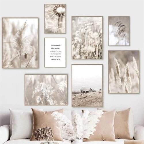 Farm Sheep Animal Print Beige Dandelion Reed Canvas Poster Plants Flower Wall Art Painting Landscape Picture Living Room Decor