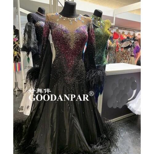 New ballroom dance competition dresses Modern Waltz Tango Dance Dress ostrich feather dress black GOODANPAR