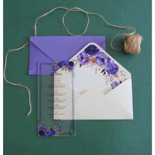 New Arrival purple flower wedding menu acrylic card with frame,party birthday transparent invitations Plexiglass