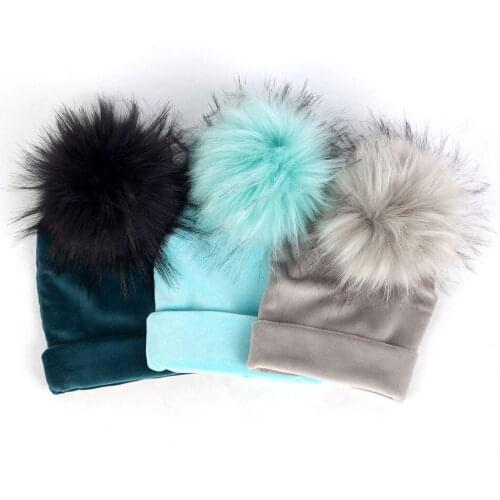 2019 Autumn Winter Thicker Warm Velvet Childs Kids Faux Fur Pompom Beanies Hats Soft Newborn baby Boys Girls Toddler Cotton Hats