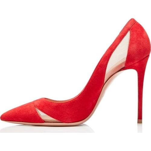 Sexy Red Suede Wedding Shoes Bride Pointed Toe Stiletto Heels Mesh Decor Pumps Women Shoes High Quality Plus Size 13 Drop Ship