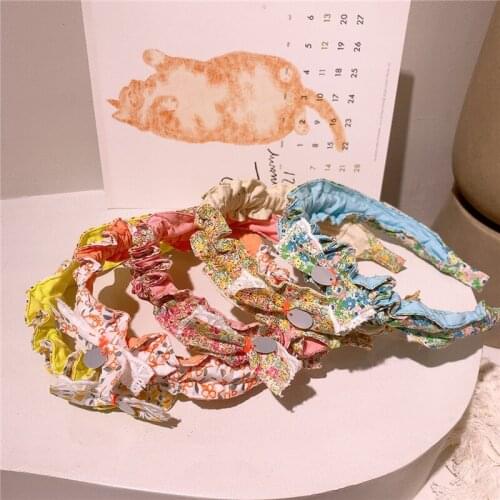 2021 New Korean Fashion Sweet Girl Princess Hair Accessories Childrens Simple Small Fresh Floral Fabric Bow Folds Hairband