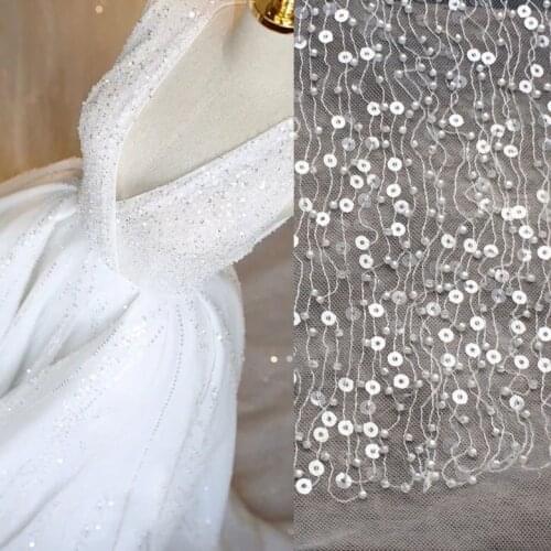 Translucent Beaded Sequins High-end Mesh Lace Fabric 125CM Wide High-end Wedding Dress Costume Clothes Embroidered Fabric
