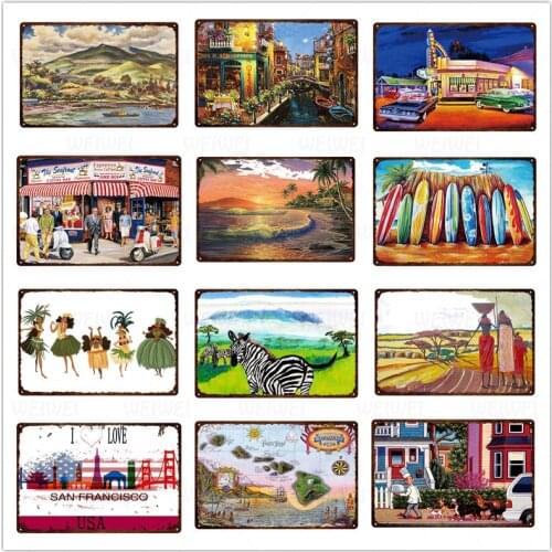 Retro City Landscape Iron Sign Seaside Grassland Metal Sign Plaque Home Decoration Wall Art Poster Vintage Wall Decor Iron Plate