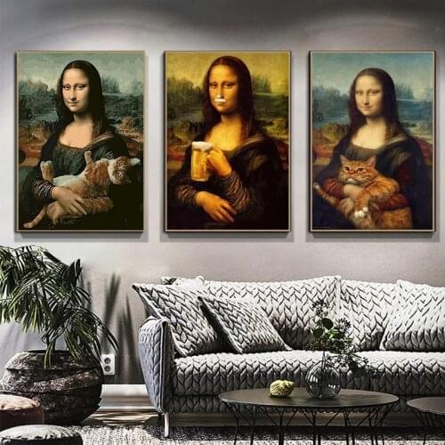 Figure Women Famous Paintings Funny Mona Lisa Drink and Smoking Hug The Cat Canvas Painting Wall Art Posters and Prints Decor