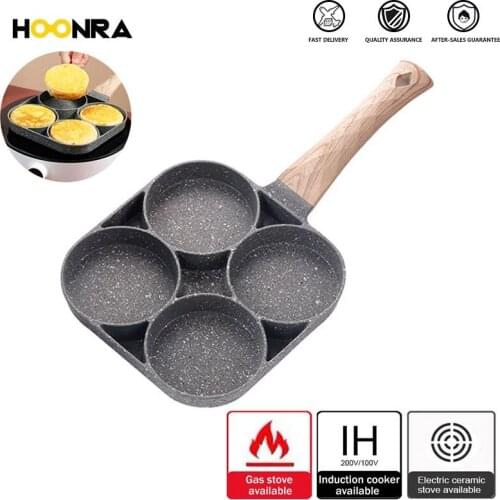 BOZZH Four-hole Frying Pan Thickened Omelet Pan Non-stick Egg Steak Ham Pancake Wooden Handle Kitchen Breakfast Maker