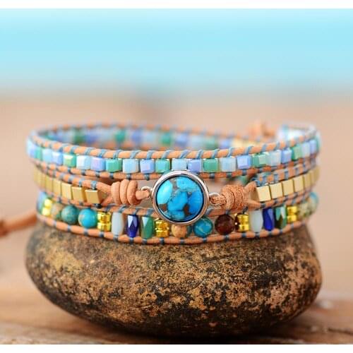 High End Women Bracelets Natural Turquoises Stone Rhinestone 3 Strands Leather Wrap Bracelet Femme Bohemian Bracelets Dropship