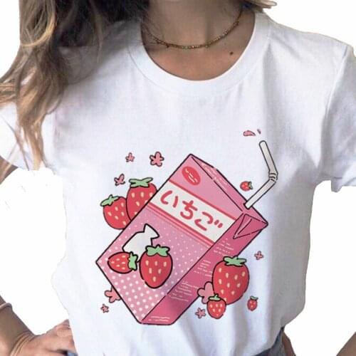 Japan Strawberry Juice Graphic print ladies T-shirt ladies casual basis O-collar white shirt short sleeve Pink T-shirt,Drop Ship