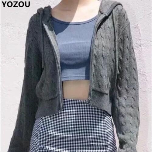 YOZOU Women Vintage Casual Knitted Gray Solid Cropped Zipper Hooded Cardigan Sweater Pullover Jumper Female