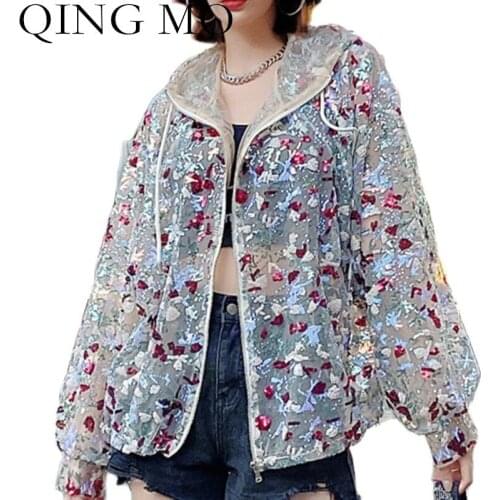 QING MO Streetwear Full Sequins Floral Coat Women 2021 Summer Hooded Sunscreen Top Autumn Long Sleeve Female Jacket QYF320A