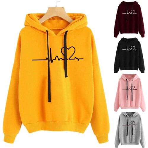 Women Sweatshirt Hoody Ladies Hooded Heartbeat Printed Casual Pullovers Girls Long Sleeve Autumn Winter Clothes Plus Size #SRN