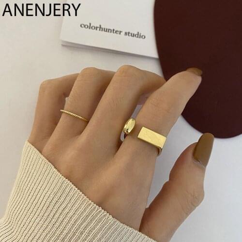 ANENJERY 925 Sterling Silver Metal Geometric Open Ring for Women ins Simple Ring anillos Party Jewelry S-R1049