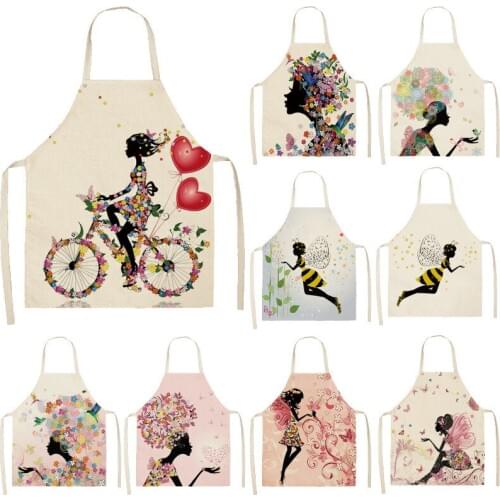 1Pcs Cotton Linen Flower Butterfly Girl Printed Kitchen Aprons for Women Home Cooking Baking Waist Bib Pinafore 53*65cm WQ0034