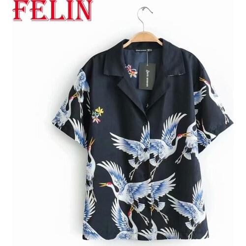 2021 Women Za Crane Printed Shirt Summer Chic Stain Short Sleeve Shirts Single Button Plus Size Long Blouses Elegant Mujer Tops