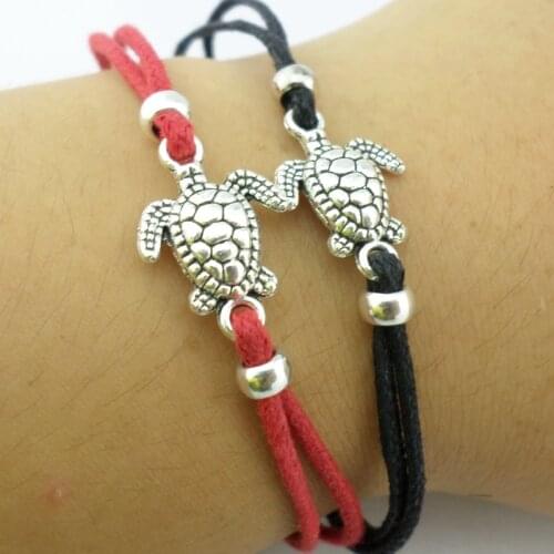 50pcs Sea Turtles Tortoise Red Cord Charm Anklet Bracelets Adjustable Antique Silver Animal Women Men Lucky Jewelry Gifts