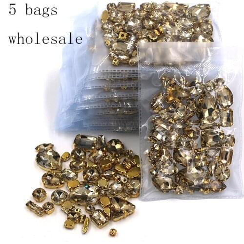 Free shipping Wholesale 5 bags mixed shape sew on glass Light coffee gold base rhinestones diy dress/Clothing accessories