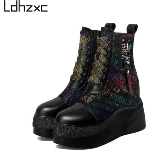 LDHZXC Genuine Leather Platform Boots Women Ankle Boots for Winter Warm Boots Female Shoes Black Booties Botas Mujer