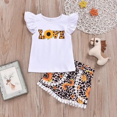 Baby Summer Clothing Toddler Newborn Kid Baby Girl Clothes Love Letter T-shirt Tops Tassel Short Sunflower Outfits Set 1-6T