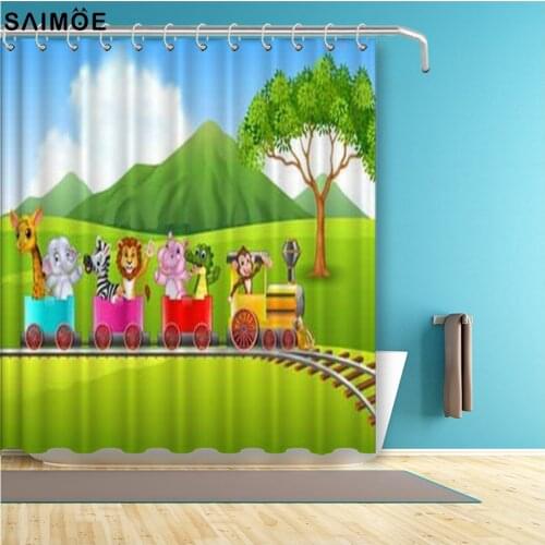 Cute Africa Animal On Train Bathroom Curtain Cartoon Kids Waterproof Shower Curtain Polyester Fabric Bathing Home Decor Shower