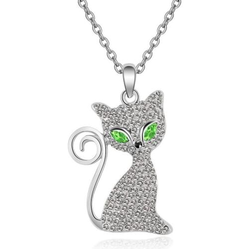 Cute Animal Girl`s Party Jewelry Trendy Cat Crystal Necklaces & Pendants For Women Lovely Rhinestone Pendant Necklace