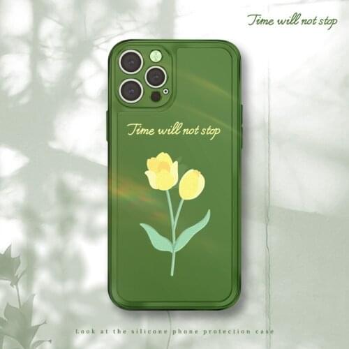 Retro sweet tulip Flowers Jelly green Japanese Phone Case For iPhone 11 12 Pro Max Xs Max XR Xs 7 8 Plus X 7Plus case Cute Cove