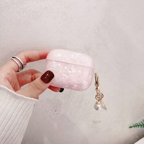 Cute Glossy Shell Pattern Silicone Headphone Earphone case for Apple Airpods 1 2 Pro Wireless Headset Cover With Pearl Key Ring