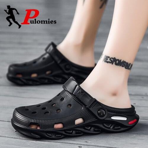PULOMIES Summer Mens Slippers Casual Home Loafers Indoor Slides Outdoor Quick Dry Massage Hole Clogs Garden Shoes Beach Sandals