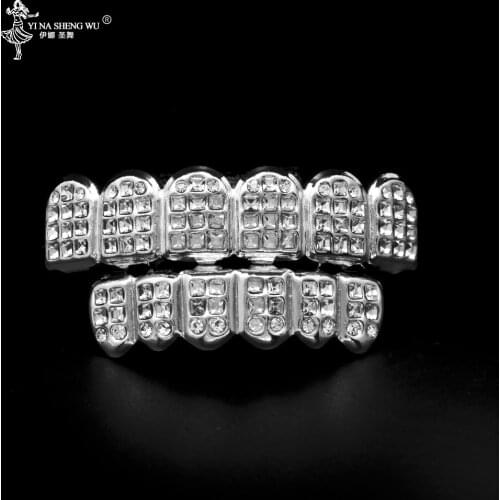 White Gold ICED OUT CZ Diamonds Teeth Top Silver Color Tone 3 Three Rows GRILL Top & Bottom Set JOKER Tooth Bling Grillz For Men