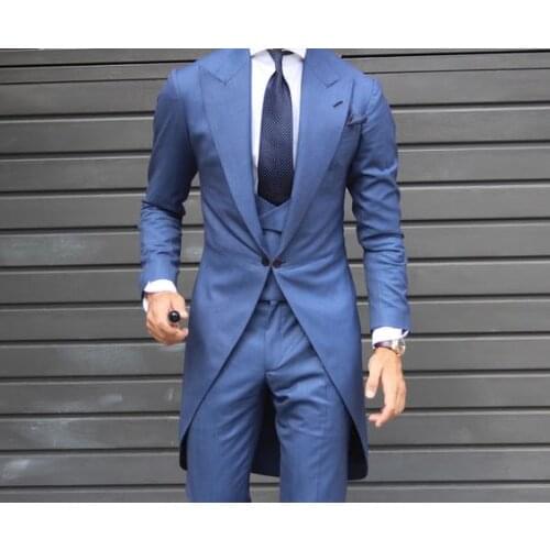 Latest Design One Button Blue Groom Tuxedos Peak Lapel Groomsmen Mens Wedding Prom Suits (Jacket+Pants+Vest+Tie) NO:215