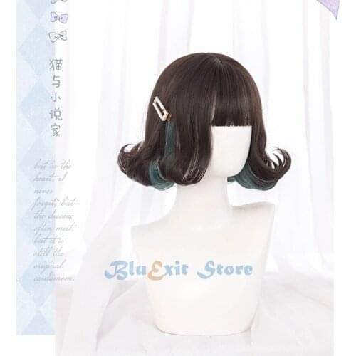 Mixed Black Brown Green Lolita Wig Harajuku Sweet BOBO Short Curly Synthetic Hair Reverse Curls Fringe Bangs Daily Adult Girls