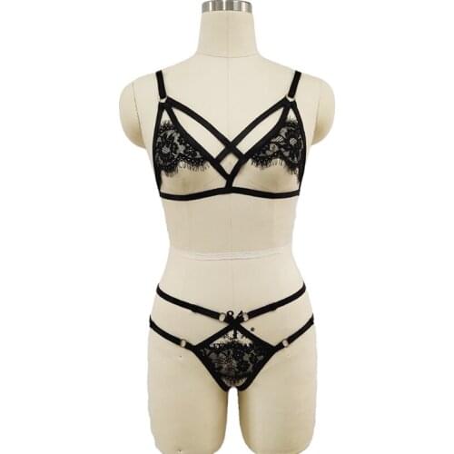 Sexy Black Lace Body Harness Set Pastel Goth Cage Bra Bondage Harness Woman G-string Lace Briefs Underwear Panties