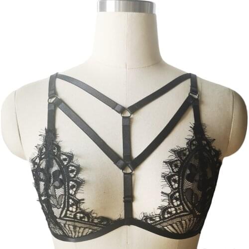 JLX.HARNESS Lace Open Chest Bra Goth Sexy Bondage Body Harness Punk Black Lingerie Crop Top Cage Bra Body Cage Harness Belt