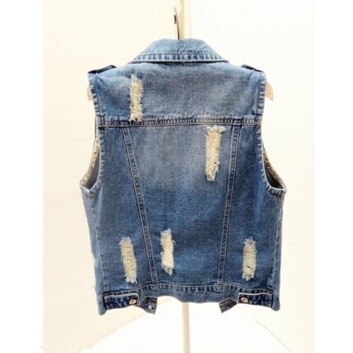 Casual Slim Hole Ripped Sleeveless Short Denim Jacket Female 2021 Street Light Blue Single Breasted Cowgirl Vest Plus Size 6XL