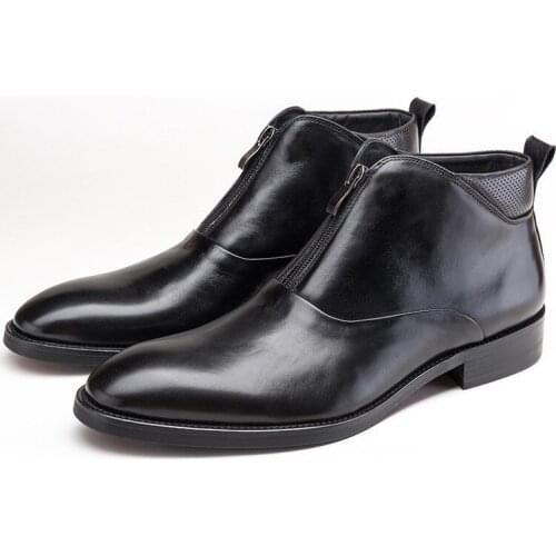Luxury Cowhide Genuine Leather Boots Men Black Wine Red Autumn Winter Work Chelsea Boots Round Toe Leather Shoes Men New